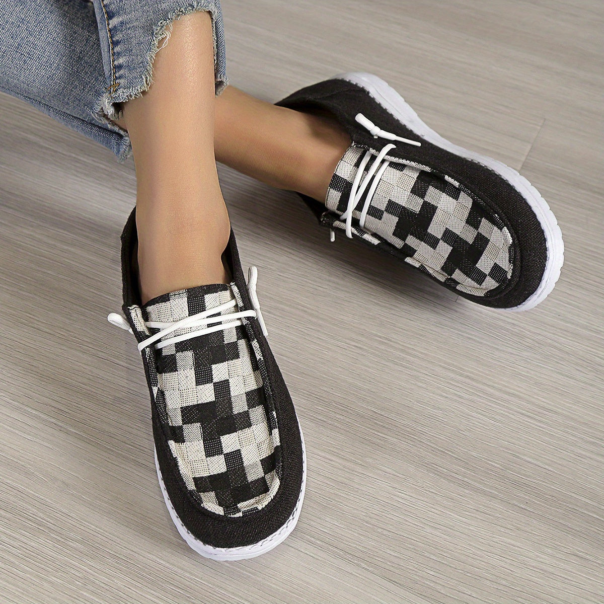 Women's Checkered Flat Loafers Lace Up Walking Shoes