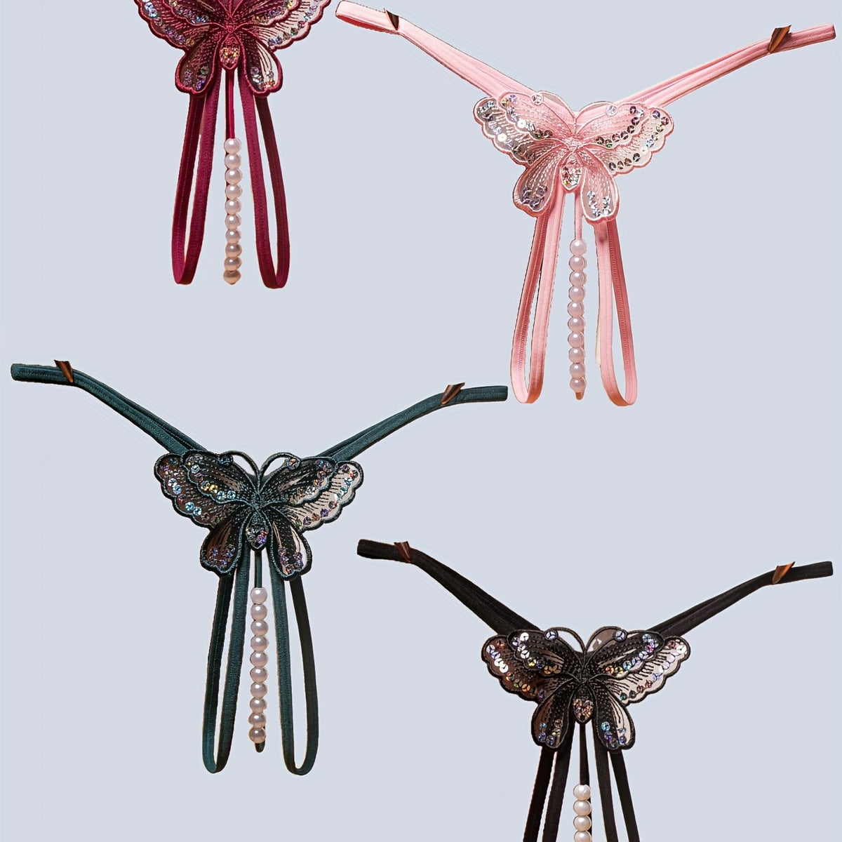 Butterfly Embroidery Thongs with Faux Pearl Panties