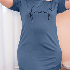  Abstract Face Print Short Sleeve Tee Sleep Dress