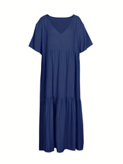  Solid V Neck Ruffle Trim Smock Dress