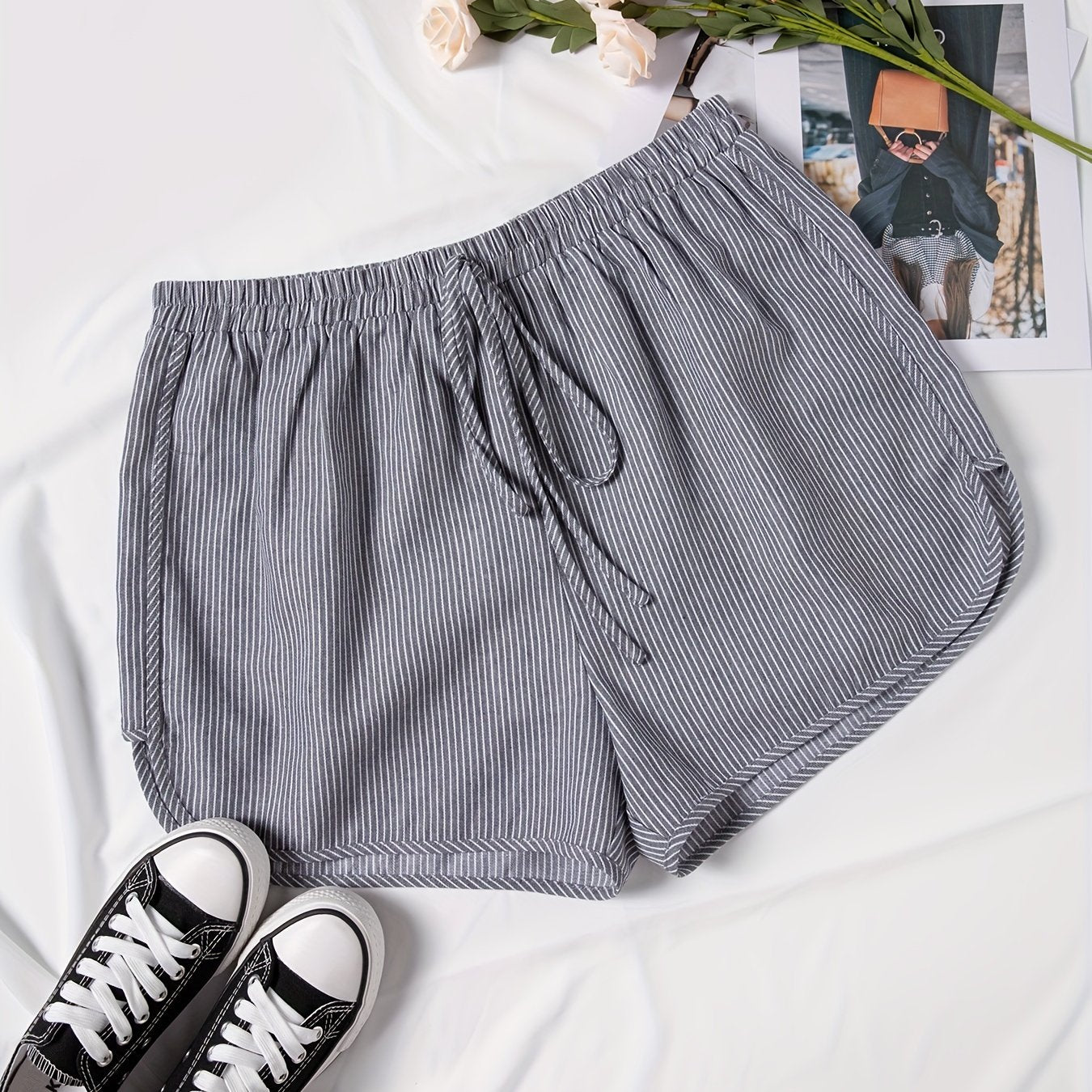  Stripe Print Elastic High Rise Stretch Shorts
