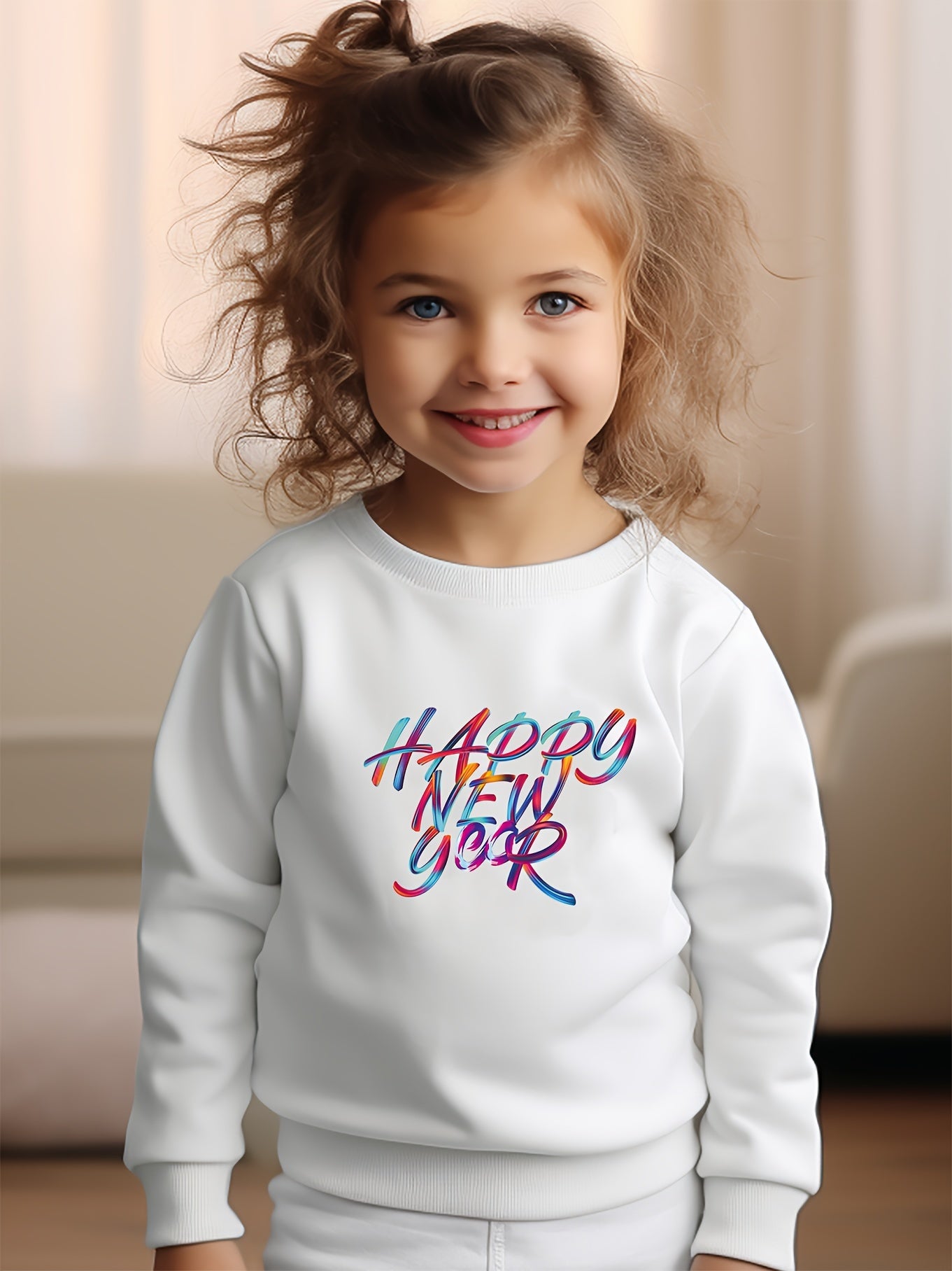 Girls Happy Year Pattern Crew Neck Long Sleeve Sweatshirt