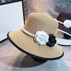 Straw Bucket Hat with Faux Pearl Hatband & Flower Decor