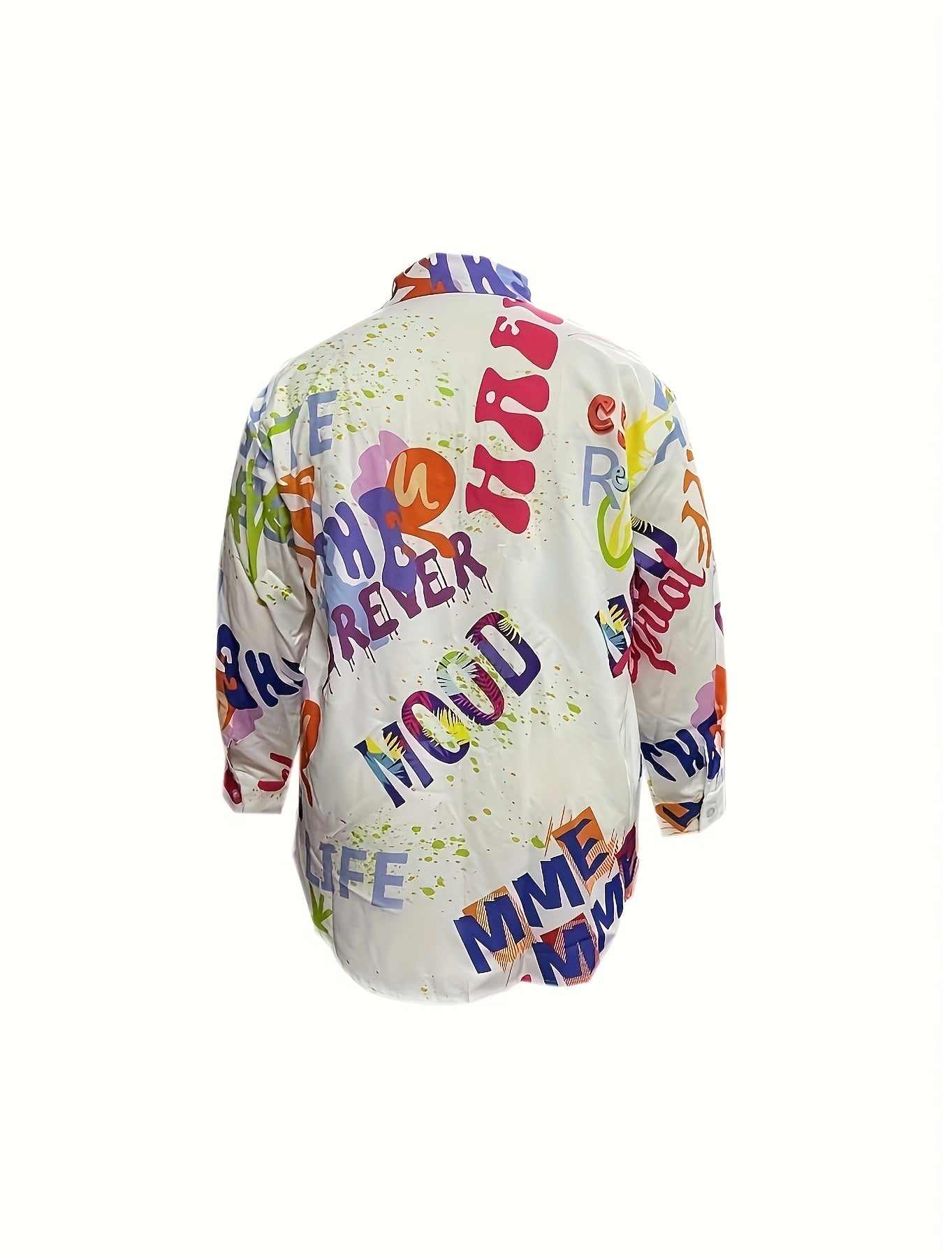  Letter Print Button Up Long Sleeve Blouse