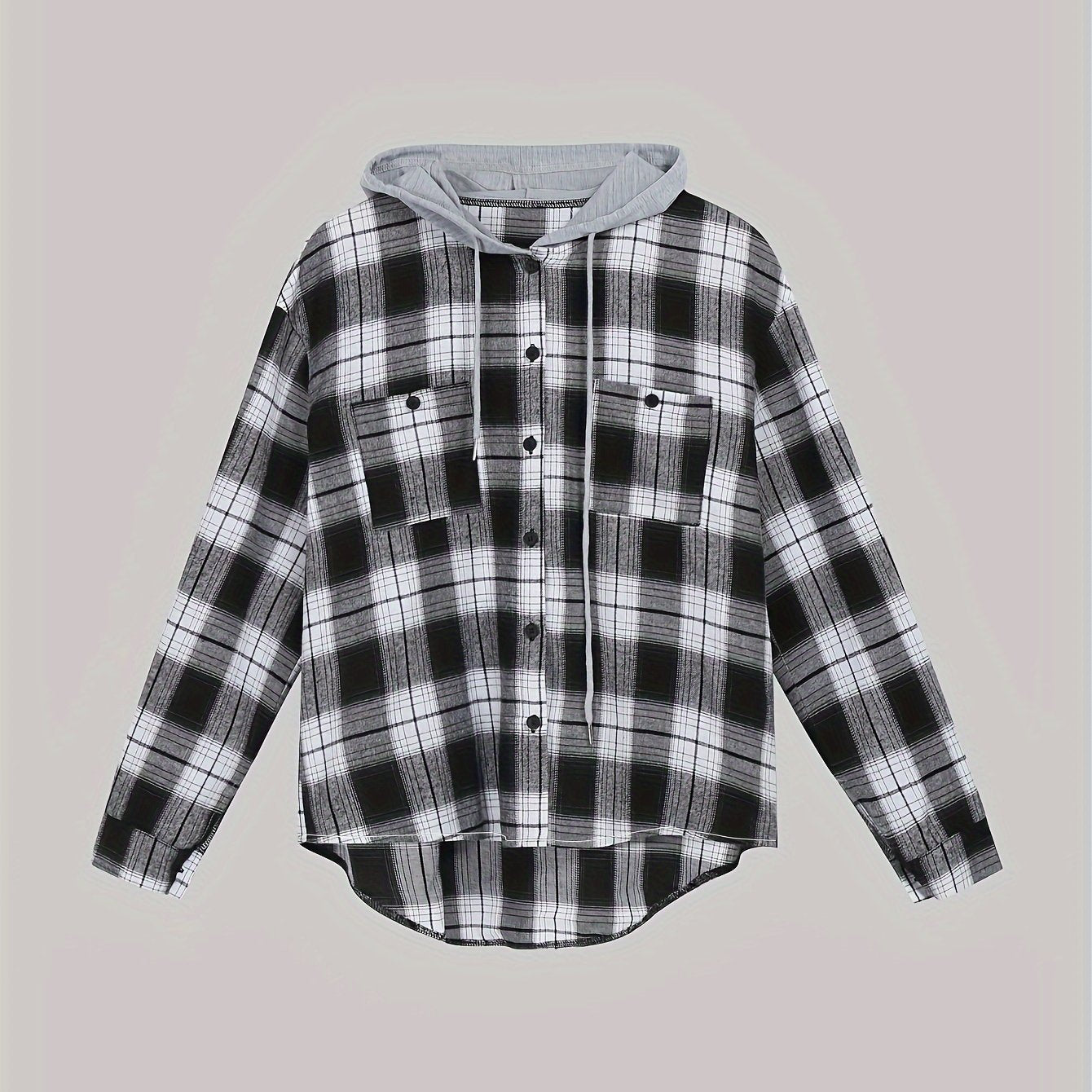  Plaid Print Long Sleeve Hooded Button Up Top