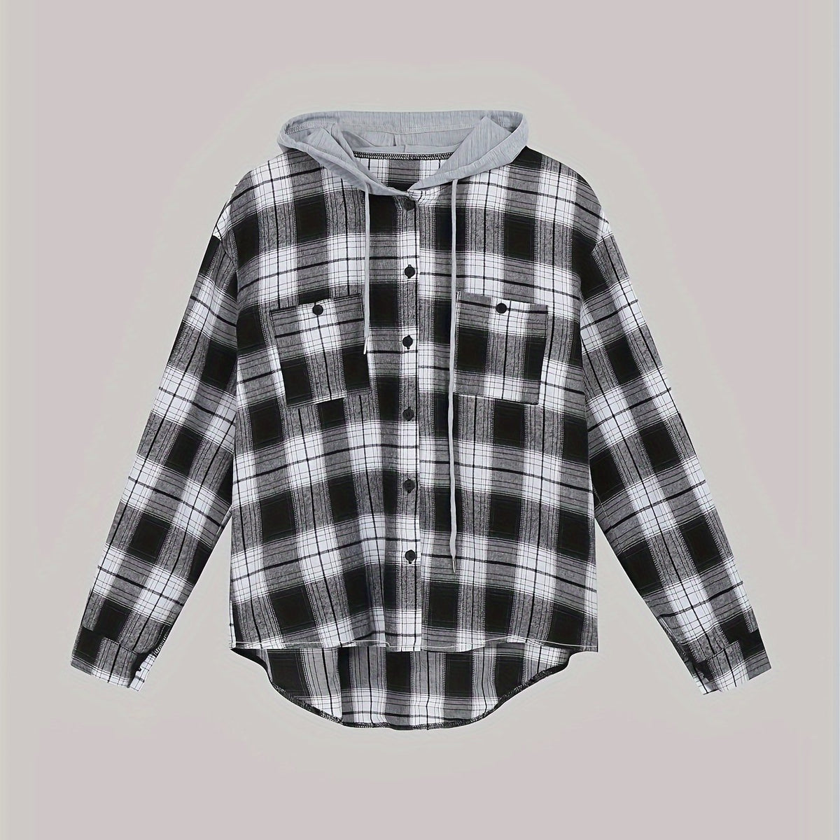  Plaid Print Long Sleeve Hooded Button Up Top