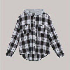  Plaid Print Long Sleeve Hooded Button Up Top
