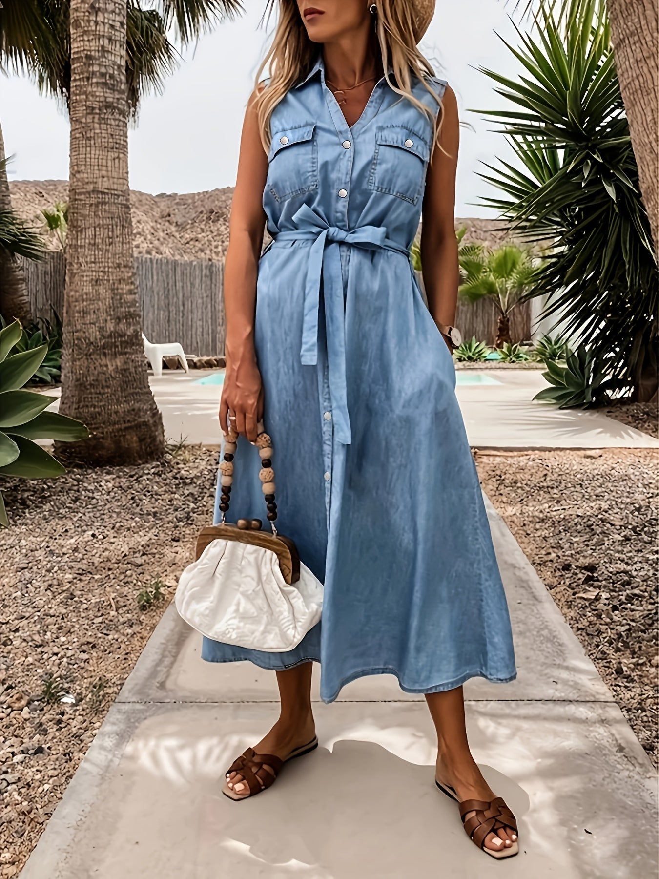 Sleeveless Lapel Denim Dress Single Breasted Button
