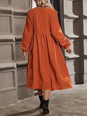  Solid Button Decor Lantern Sleeve V Neck Smock Maxi Dress