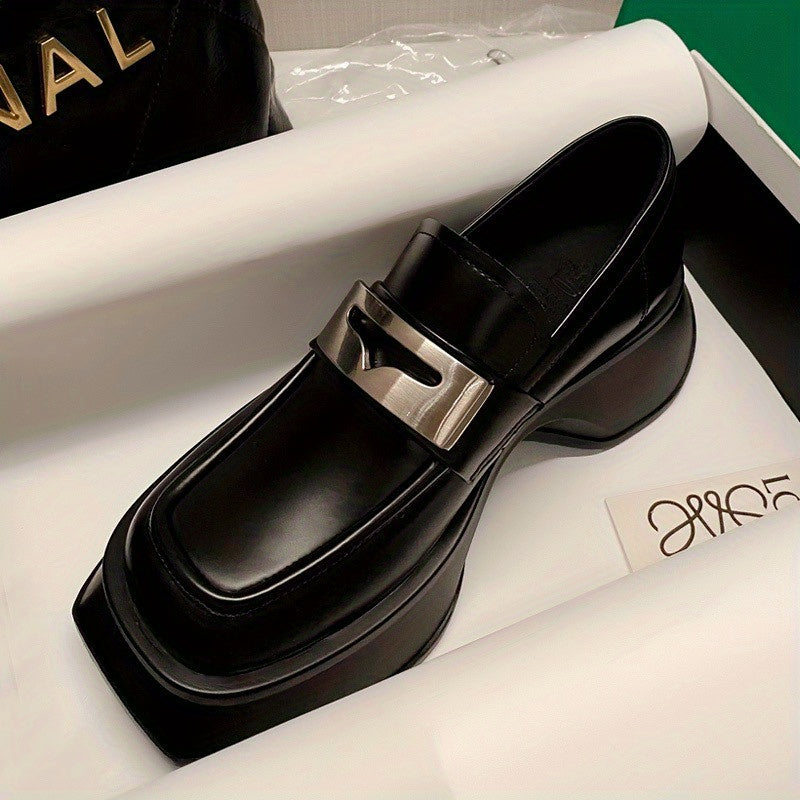 Women's Metal Platform Loafers Square Toe Slip On Shoes