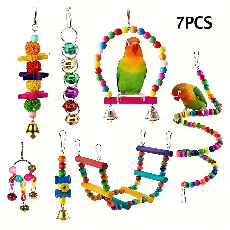Colorful Bird Toy Set with Chewing Swing, Beads, Bell, and String