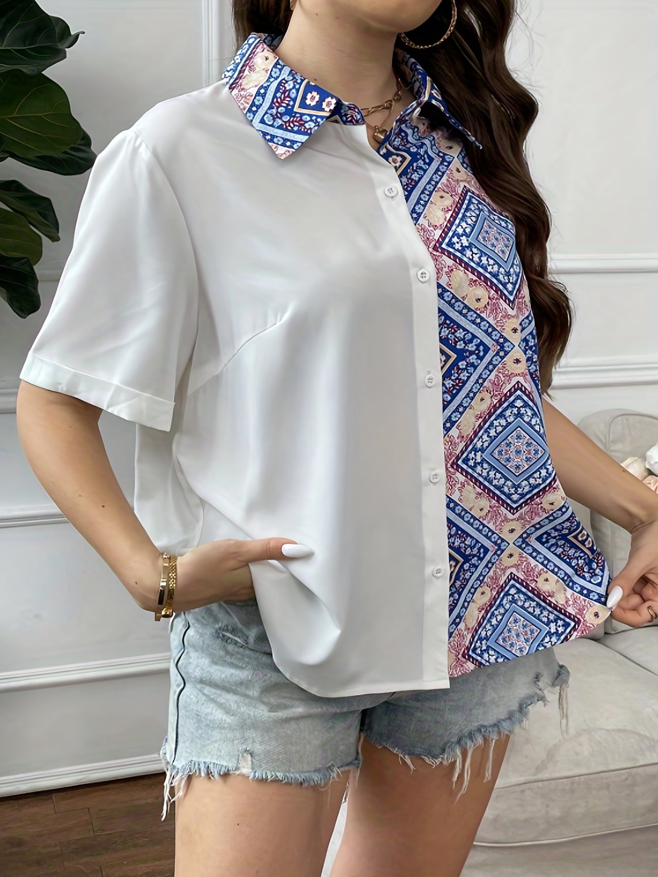  Women's Scarf Print Button Up Blouse