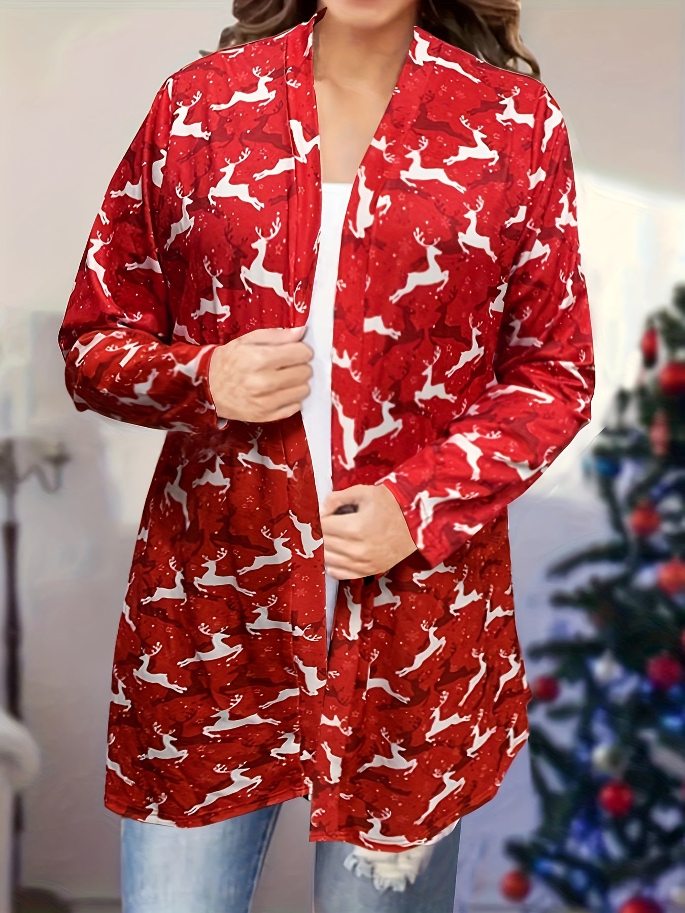  Christmas Deer Print Cardigan Open Front Long Sleeve
