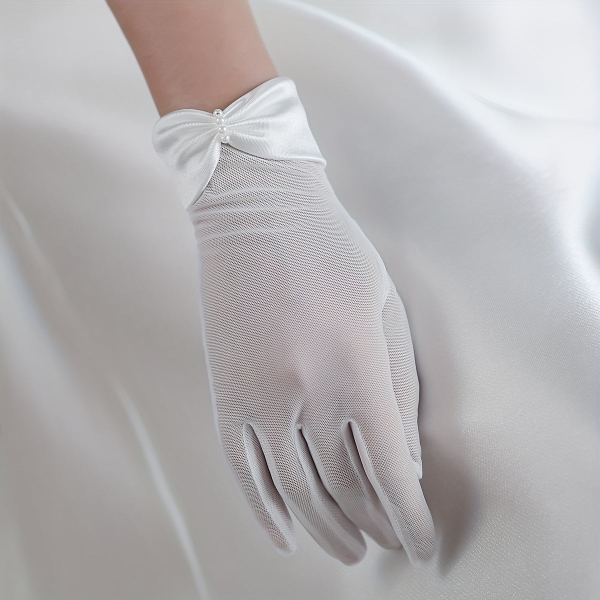 Bridal Mesh Gloves with Pearl Bowknot Wedding Accessories
