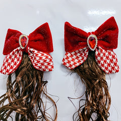 2Pcs Red Bow Hair Clip with Rhinestones Faux Curly Hair
