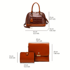 3Pcs Crocodile Embossed Bag Set Women's Shell Handbags With Clutch Purse