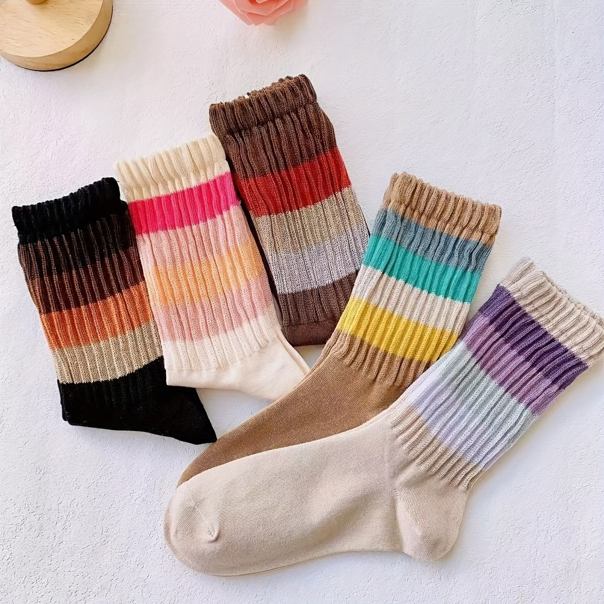 5 Pairs Colorblock Striped Socks Women's Mid Tube Stockings