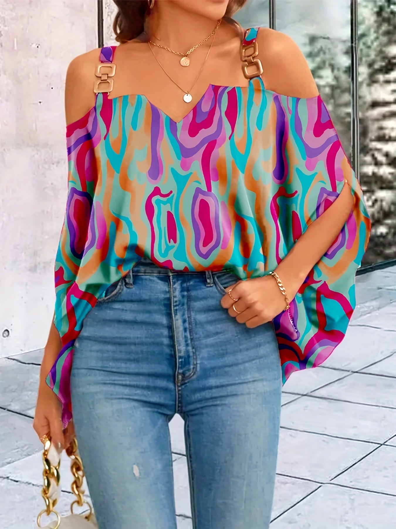  Cold Shoulder Long Sleeve Top Metal Decor