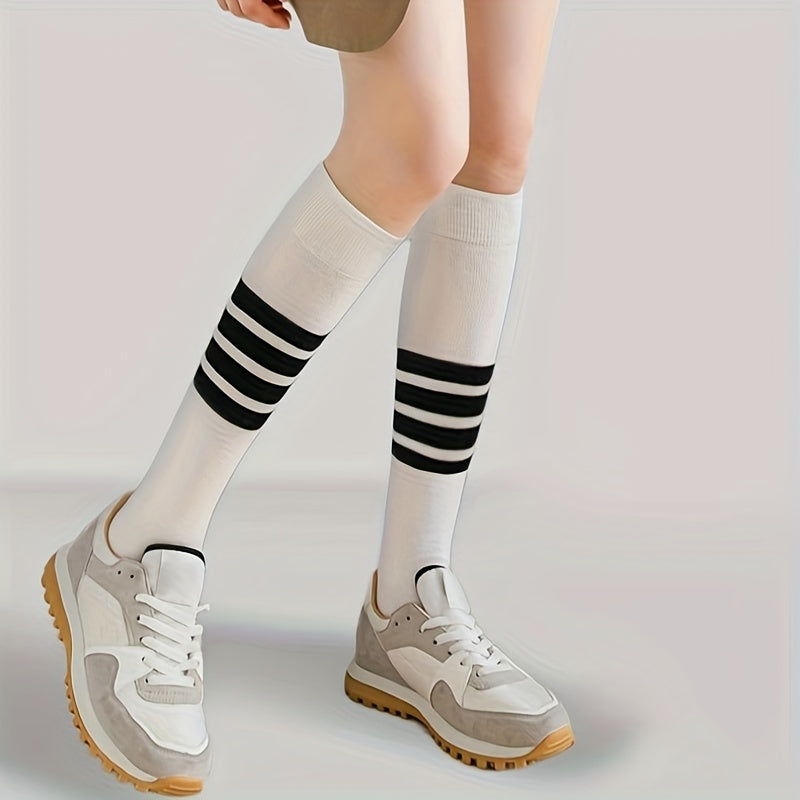 3 Pairs Striped Calf Knee High Socks Women's Stockings & Hosiery