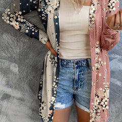  Colorblock Floral Print Long Sleeve Cardigan