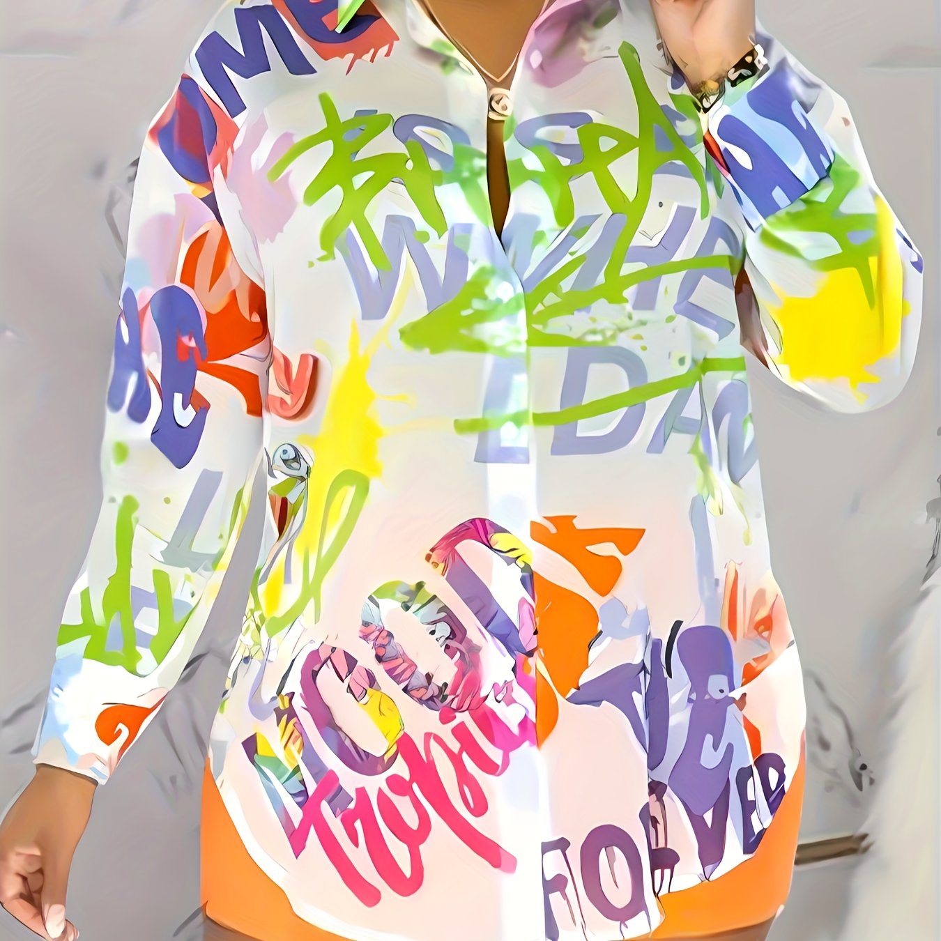  Letter Print Button Up Long Sleeve Blouse
