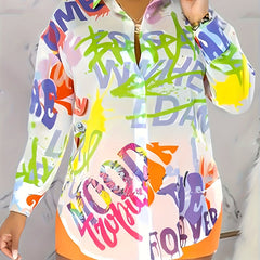  Letter Print Button Up Long Sleeve Blouse