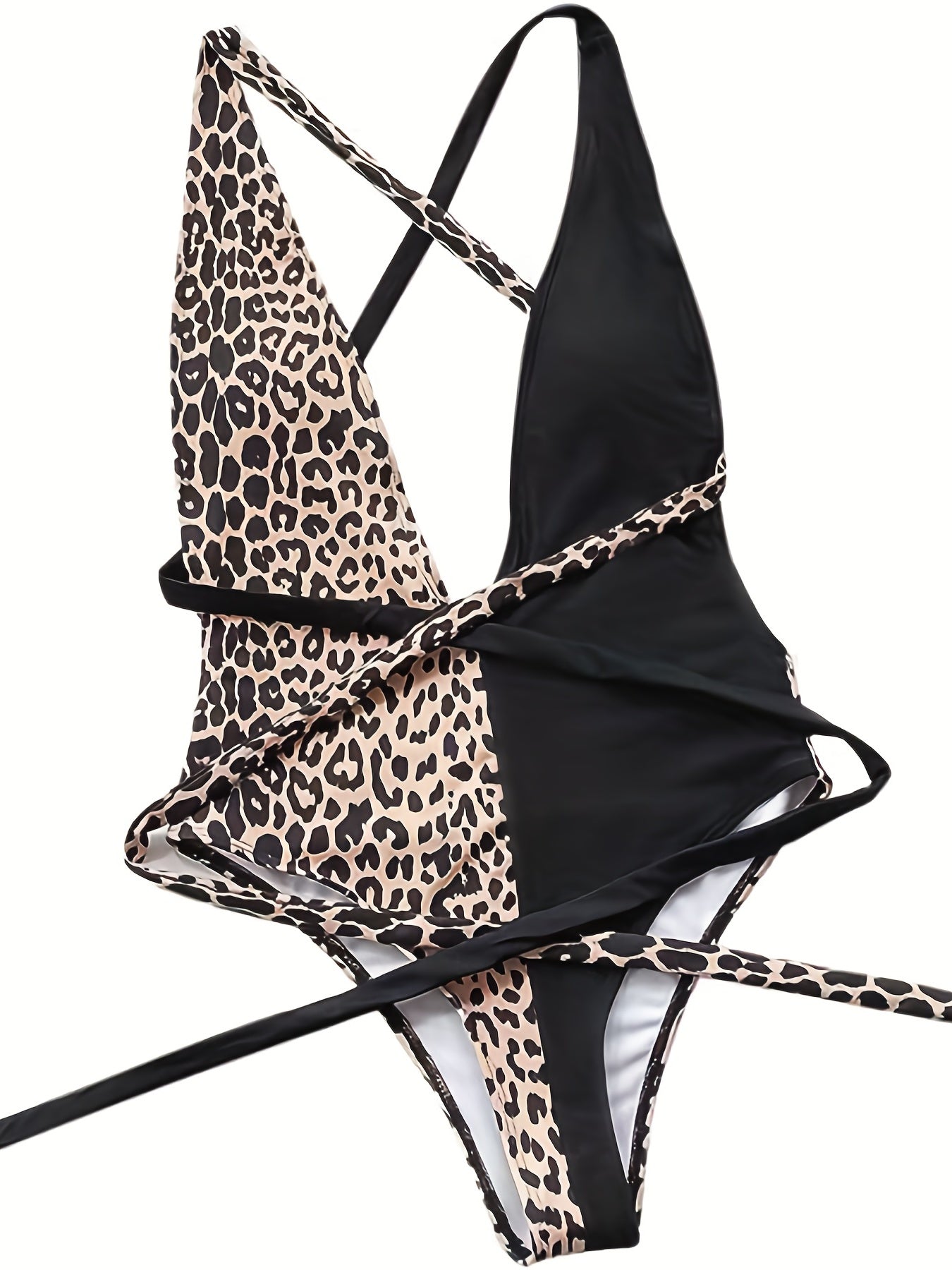  Leopard Self Tie Plunging One Piece Swimsuit