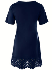  Casual Dress Women's Solid Cut Out Scalloped Trim Dress