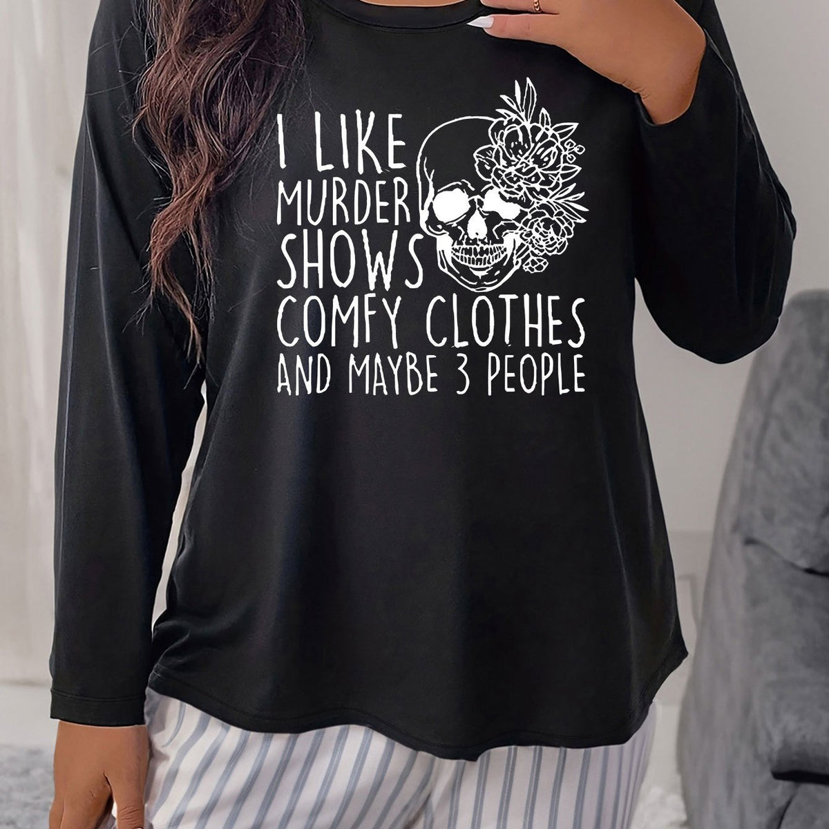  Gothic Loungewear Top Floral Skull Slogan Print Long Sleeve Pajama Tee