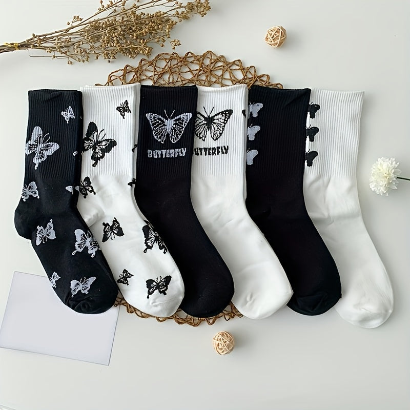 6 Pairs Butterfly Print Ribbed Socks Women's Mid Tube Stockings