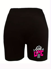  Cross & Letter Print High Rise Biker Shorts