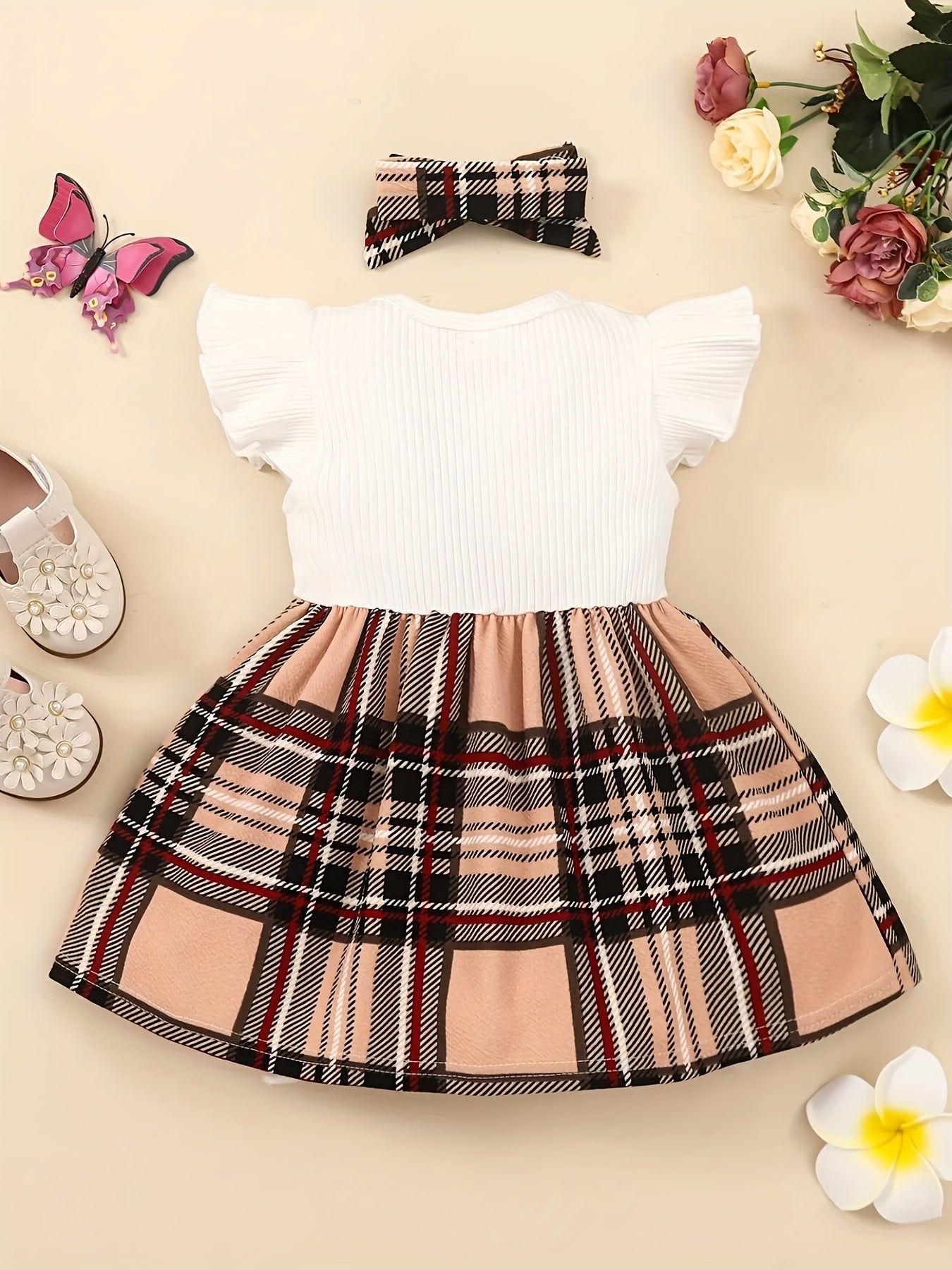 2pcs Baby Girls Casual Plaid Bowknot Dress & Headband Set
