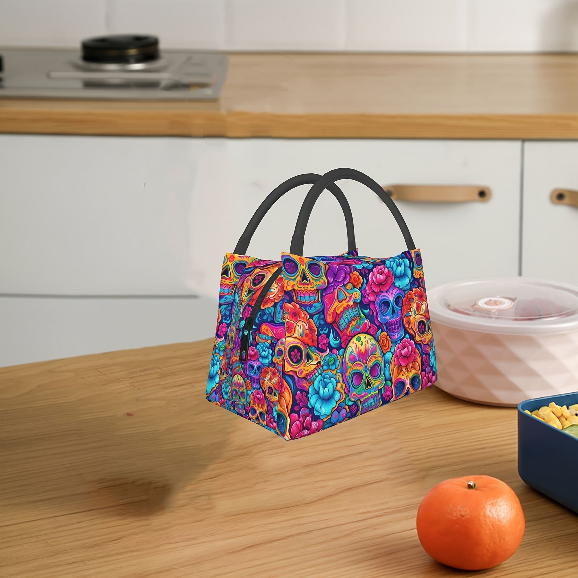 Colorful Skull Pattern Cooler Bag Halloween Leakproof Lunch Tote