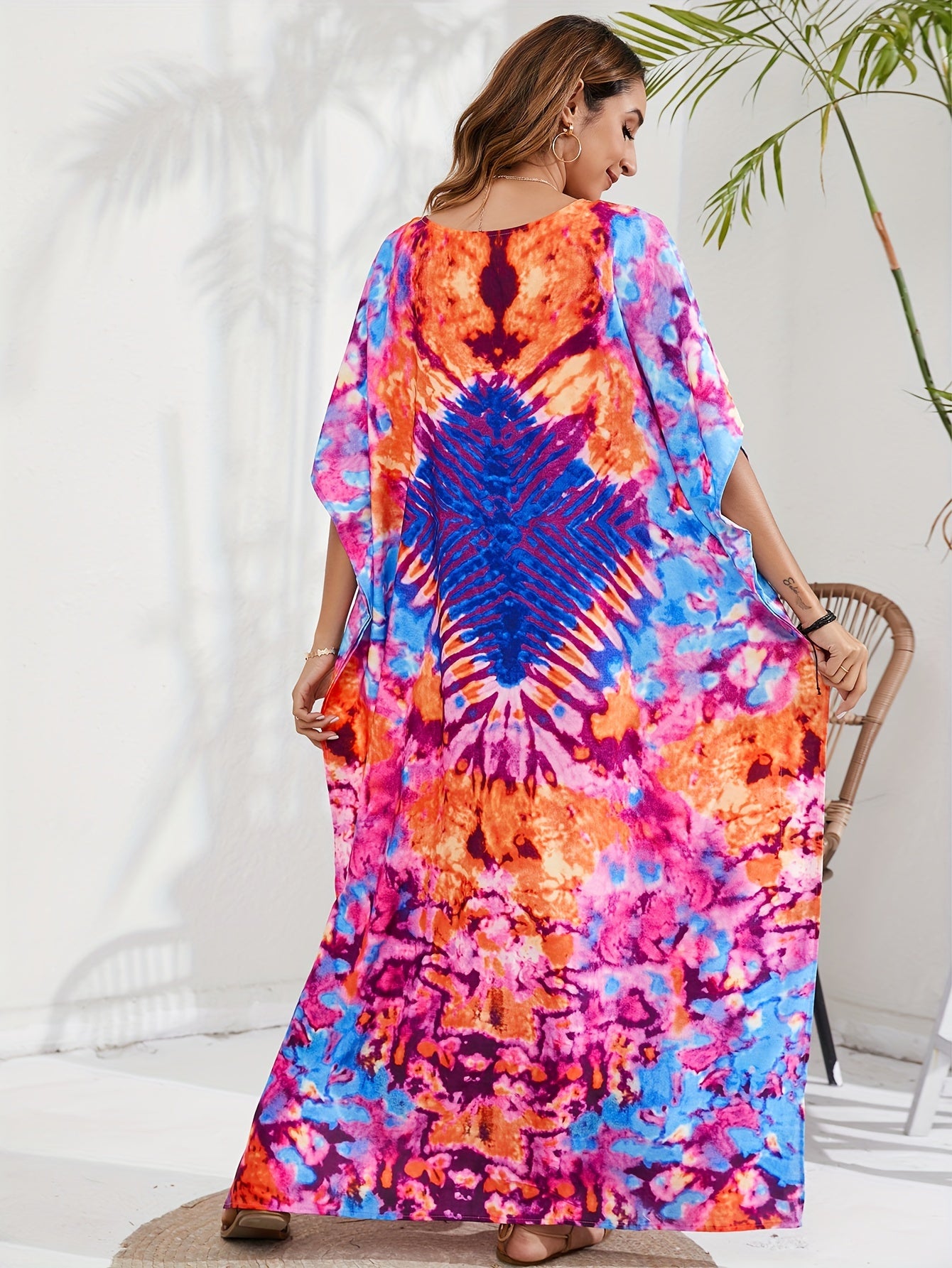  Boho Tie Dye Geo Pattern Cover Up Maxi Dress