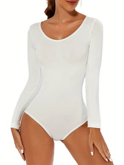 Seamless Solid Shaping Bodysuit Long Sleeve Crew Neck Slimming Body Shaper