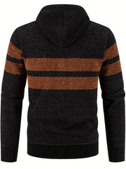 Men's Striped Pattern Hooded Cardigan with Teddy Lining