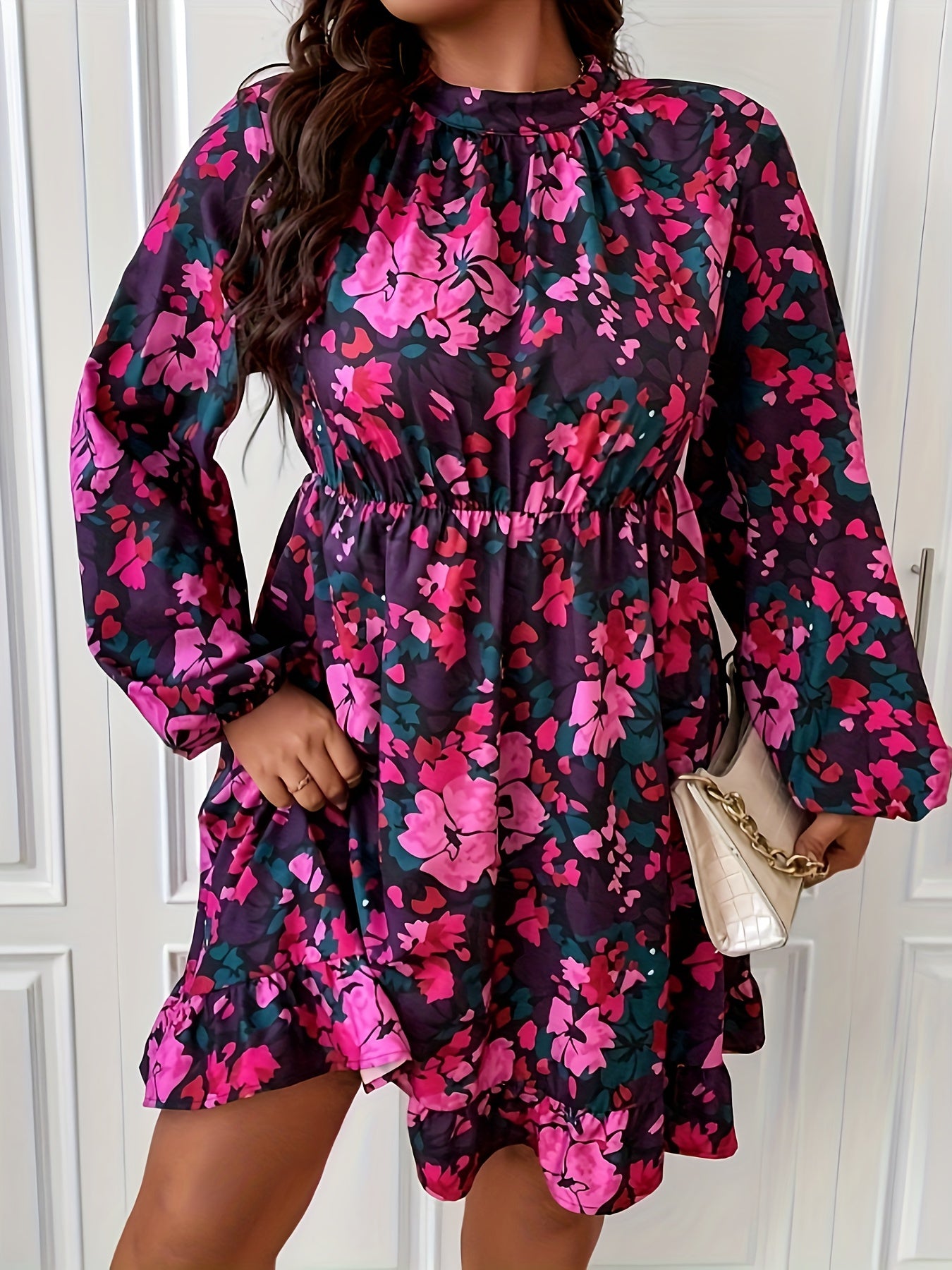  Floral Print Lantern Sleeve Smock Dress