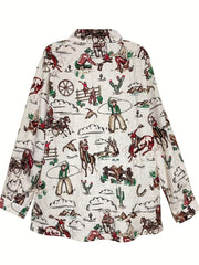  Western Style Blouse Women's Plus Cowboy Print Button Up Blouse