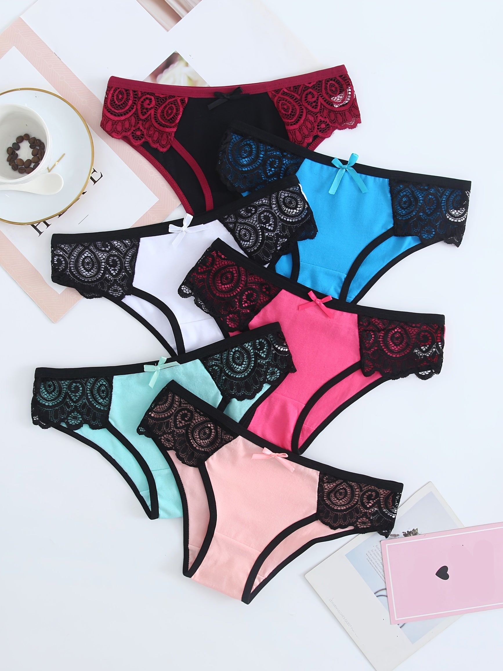 6 Pack Colorful Cotton Panties with Lace Trim Bikini Briefs