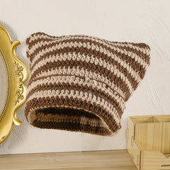 Striped Knitted Beanie Hat Cat Ears Pullover Hat For Men And Women