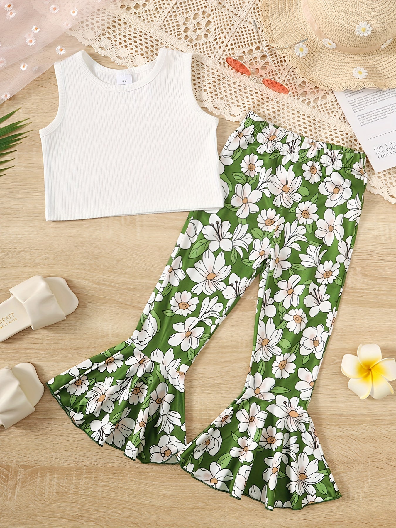 Toddler Girl's Floral Ribbed Tank Top & Flared Pants Set