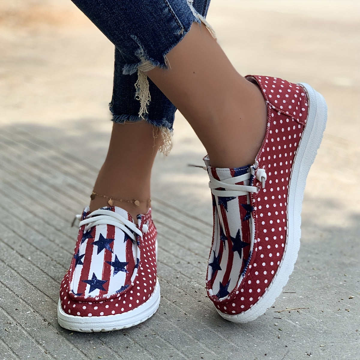 Women's Star & Striped Print Canvas Shoes Casual Lace Up Outdoor Sneakers