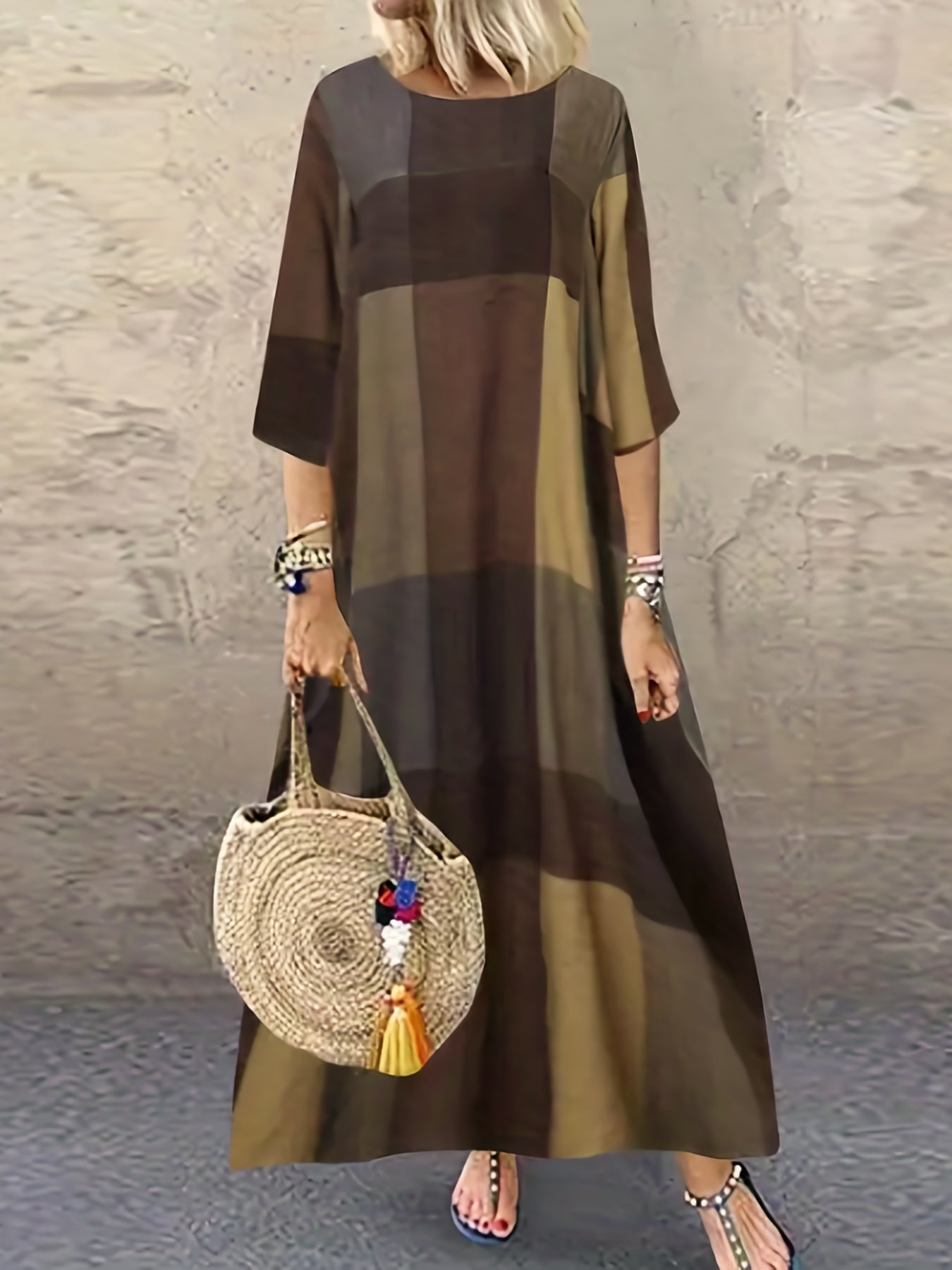  Colorblock Grid Print Half Sleeve Maxi Dress