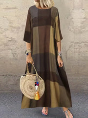  Colorblock Grid Print Half Sleeve Maxi Dress
