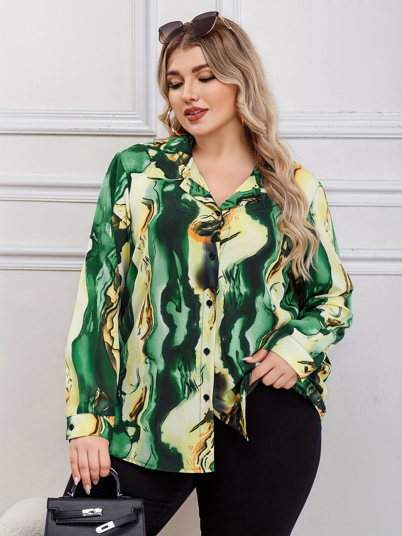 Women's Plus Marble Print Button Up Shirt Top