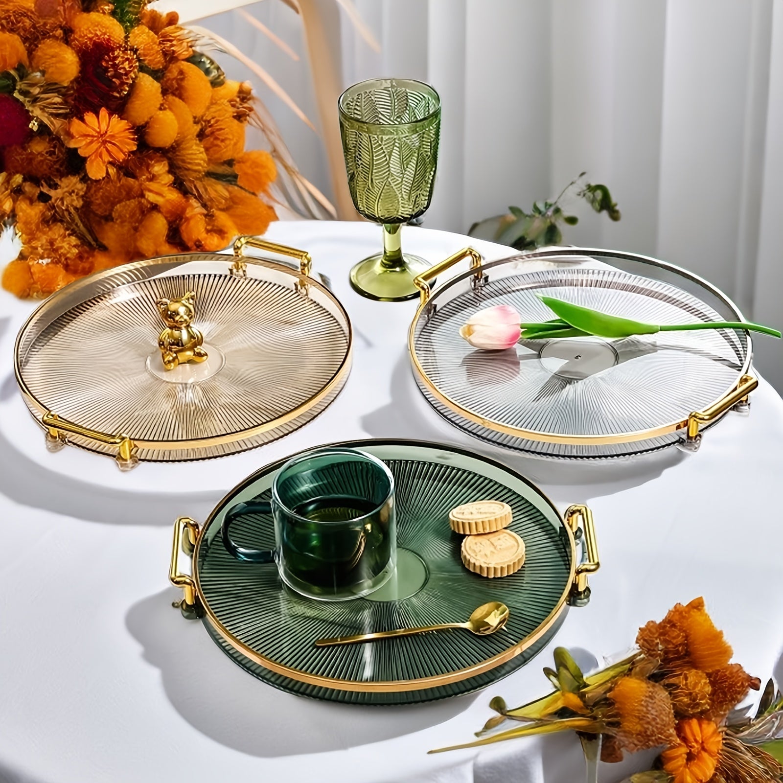 Modern Decorative Serving Tray With Handles, Transparent Plastic Round Circle
