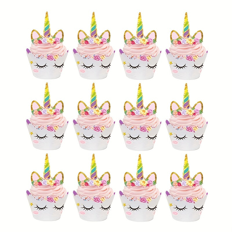 Unicorn Cup Cake Toppers & Wrappers Rainbow Liners, Girl Birthday Party Supplies