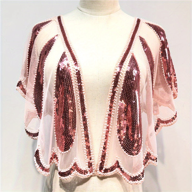 Sequin Beads Decor Shawl Embroidery Cape Mesh Short Cardigan Women Dress Accesso