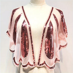 Sequin Beads Decor Shawl Embroidery Cape Mesh Short Cardigan Women Dress Accesso