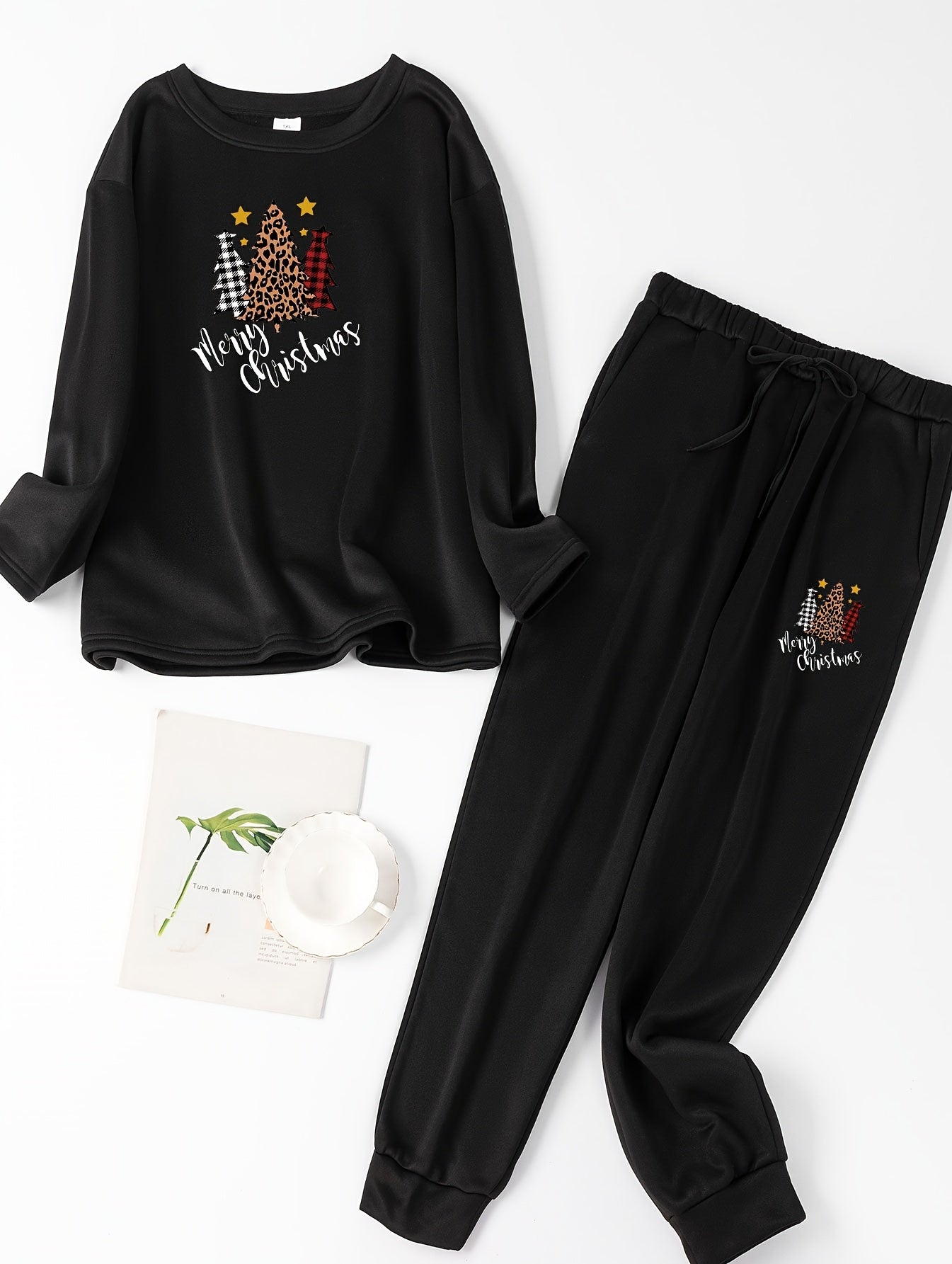  Christmas Loungewear Set Women's Plus Slogan & Tree Print Pajama Set